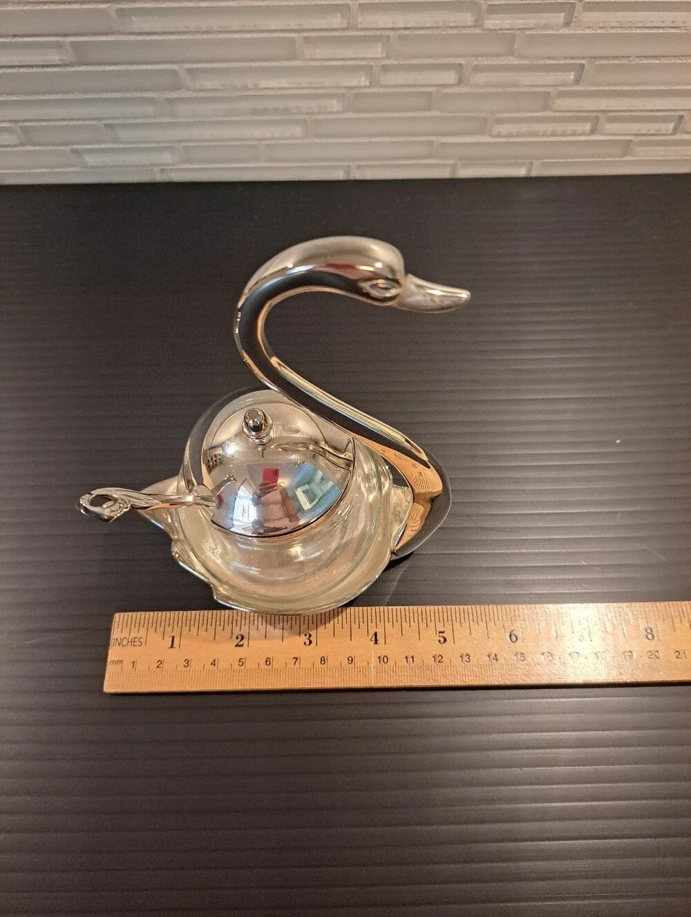 Vtg Elegance Silverware Jam Set Silver Plated Glass Swan W/ Cover And Spoon